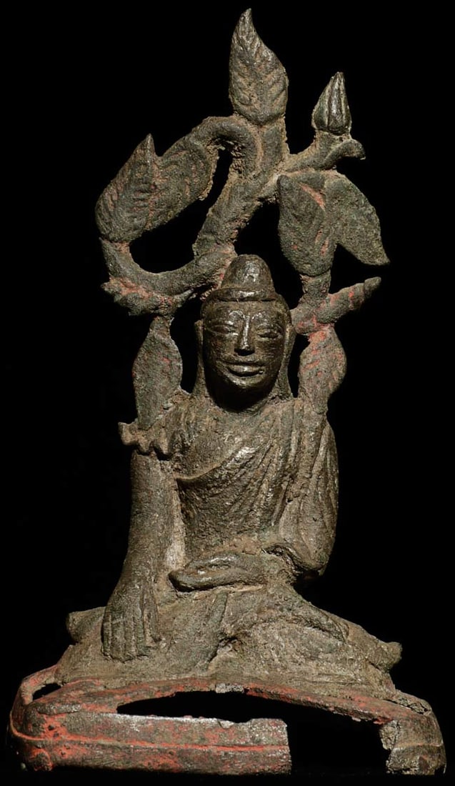 19thC Burmese Bronze Buddha, 5.25" tall: 19thC Burmese Bronze Buddha. This type was typically put together with other related bronze figures to tell a story from the Buddha's life. This piece tells a complete story on its own (The story of t