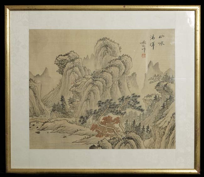 Chinese painting- may have originally been part of a scroll.: Chinese painting- may have originally been part of a scroll. Nicely painted. Probably 19thC- possibly older. Framed. Dimensions: 14.25" x 19.25" (frame size). Painting is 14.25" x 12". Mat is covered 