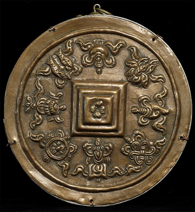 Old Mongolian copper stylized Mandala.: Old Mongolian copper stylized Mandala. Size is 5.75" diameter. Used to meditate on enlightenment for all sentient beings.