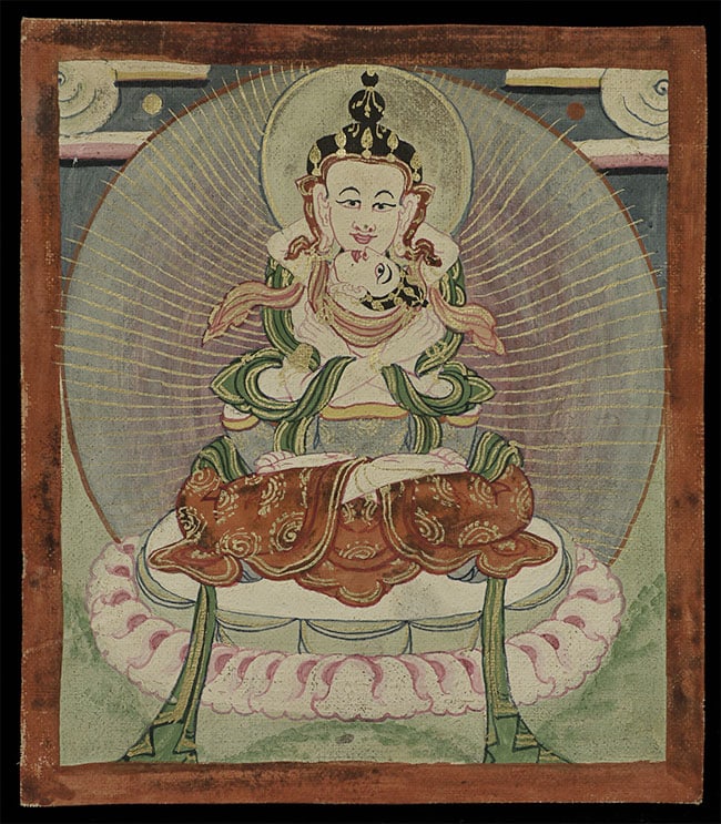 Decorative small antique Mongolian thangka.: Decorative small antique Mongolian thangka measures 4.25" x 4.75"