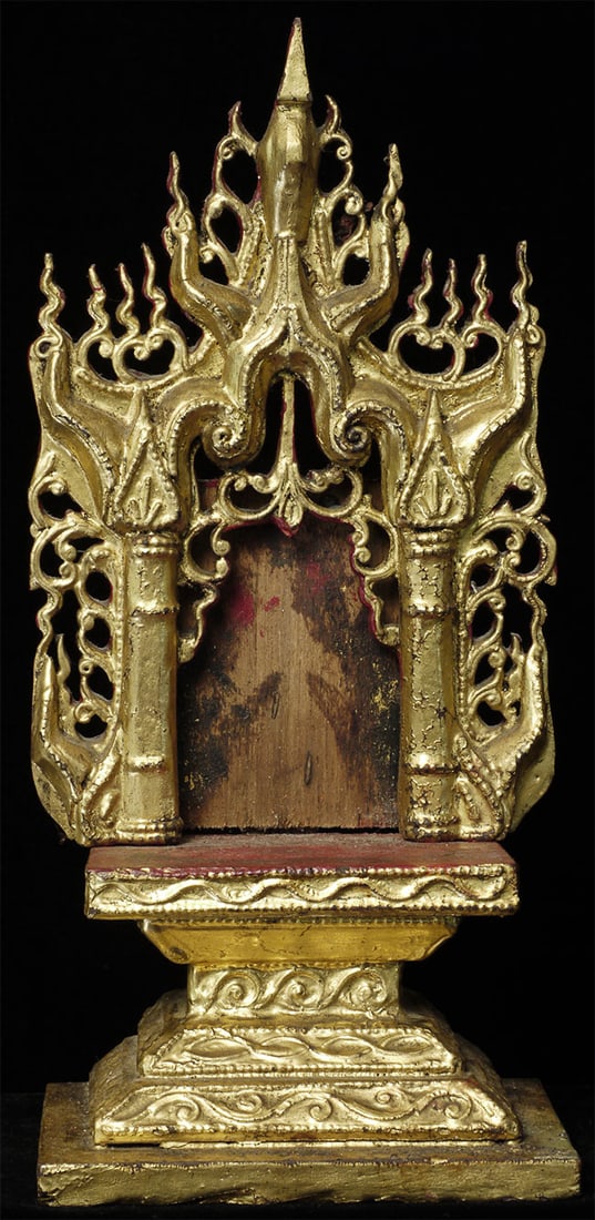 Elaborate antique Burmese Buddha stand.: Elaborate antique Burmese Buddha stand. 11.25 inches tall, bottom measures 3.5 x 5 inches. These usually have many breaks and repairs. This one is in excellent condition.