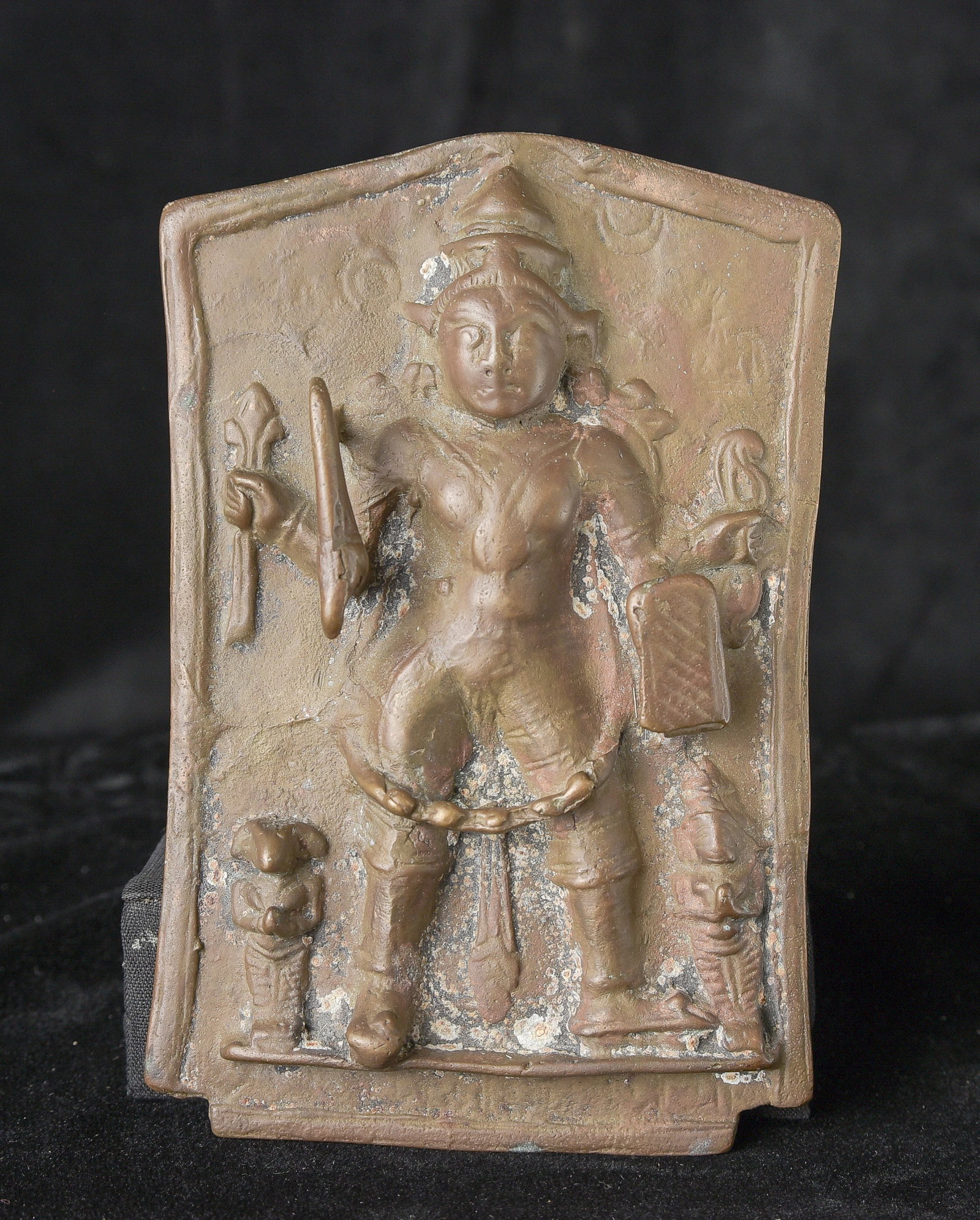 Antique Virabhadra Plaque, 5-7/8" tall: Antique Virabhadra plaque. Stands 5 7/8" tall and 4" at the widest point.