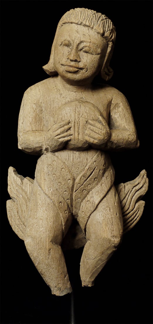 19thC Wooden Burmese Angel, beautifuly carved.: ANGEL, 19th Century Burma, Wood, total height is 10.5 inches, the figure itself is 9 inches tall