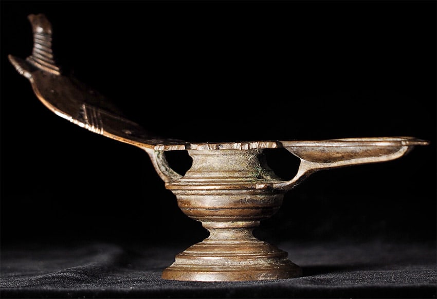 Antique Asian oil lamp. Looks to be missing a part at one end. Measures 10 7/8" long: Antique Asian oil lamp. Looks to be missing a part at one end. Measures 10 7/8" long