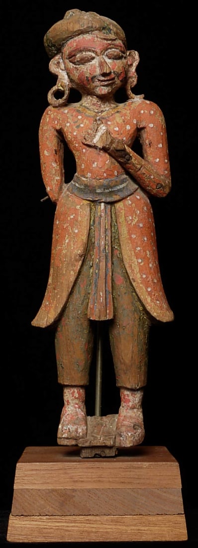 19thC Indian Fellow. -Great Personality: Delightful 19thC Indian Fellow. Stands 12.25 inches tall on a base that is 2.25 inches tall; 4.25 inches square. Losses as seen in the photos. Great face!