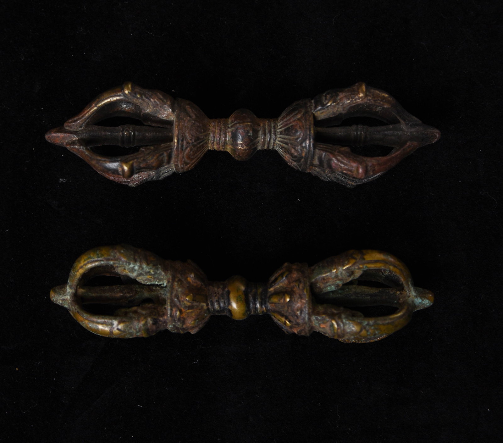 2 Antique Bronze Mongolian dorjes: I recently found a box of Mongolian ritual implements that I collected in the 1990s when Mongolia was first opening up to the West after the fall of the Soviet Union. Most were made of different color