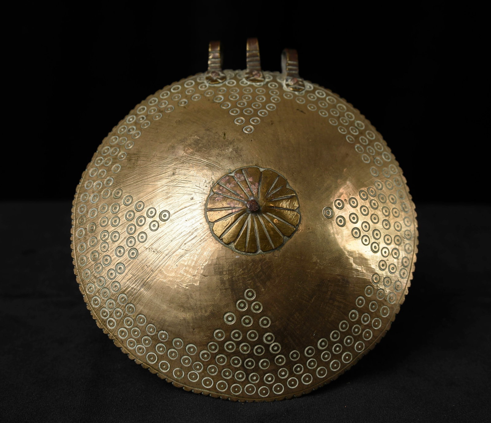 Antique Indian Decorative Chest Piece: Attractive vintage/antique Indian decorative chest piece. Stands 5-1/8 inch in diameter. Text color on bottom enhanced for readability.
