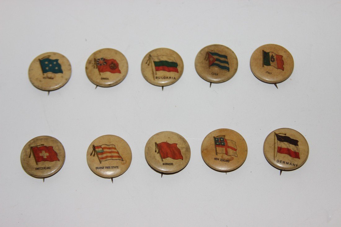 10 Large Sweet Corporal Cigarette Pins Good Condition 9: Good Condition 9 Have paper backing, 1 does not Countries Germany, Cuba, Victoria, New Zeeland, Italy, Canada, Morocco, Orange Free State,