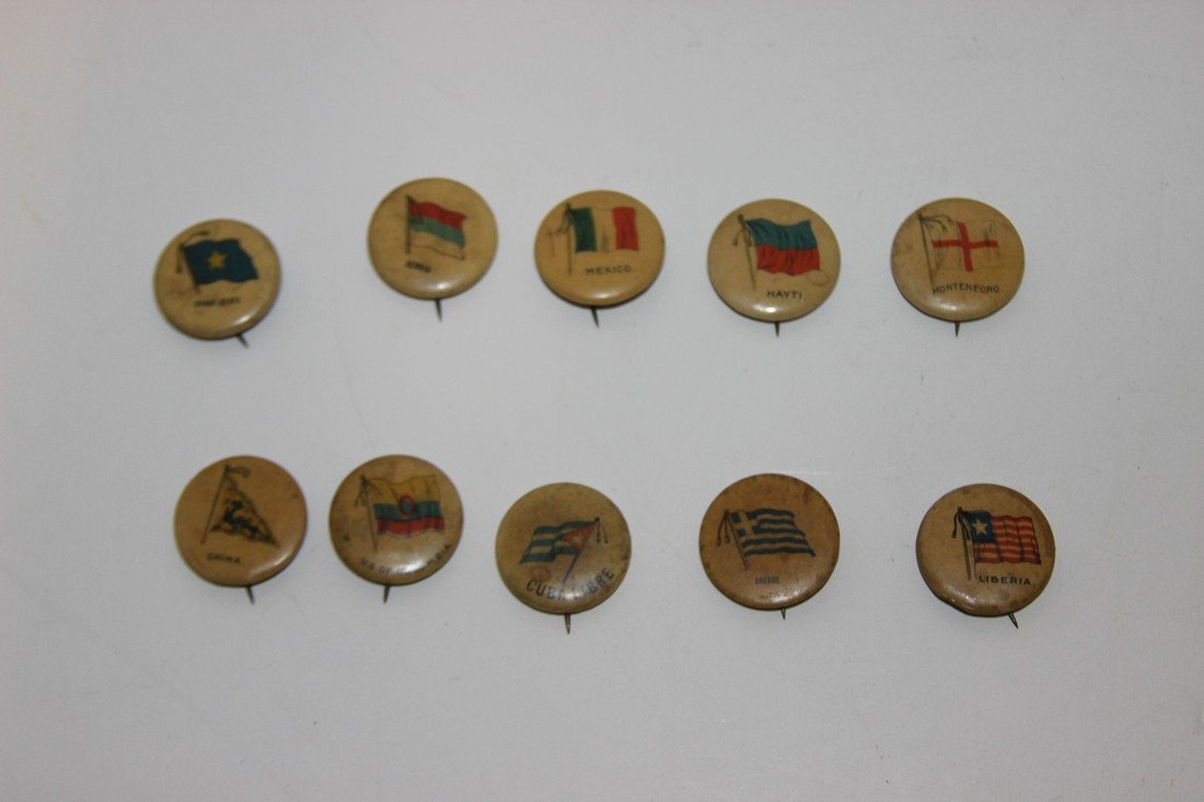10 Large Sweet Corporal Cigarette Pins Good Condition: Good Condition Countries 9 have backing and 1 does not China, Cuba Libre, Hayti, Liberia, Mexico, U.S. of Colombia, Seryia, Greece, Congo