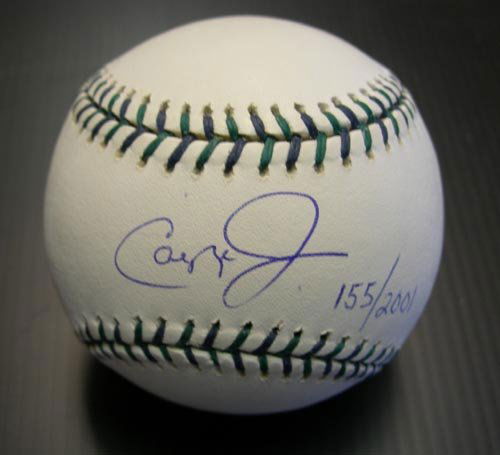 CAL RIPKEN JR. SIGNED ALL STAR BALL - PSA/DNA: Baseball's Iron Man. Limited edition 155/ 2001, official Bud Selig 2001 All-Star baseball with special green stitching, sweetspot single signed "Cal Ripken Jr.", with Ripken 8 and Major League Basebal