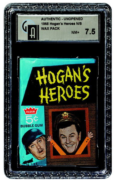 1965 FLEER HOGANS HEROES UNOPENED 5 CENT WAX PACK: 1965 Fleer Hogans Heroes Unopened 5 Cent Wax Pack GAI 7.5 - Fleer had some pretty cool packs that were based upon TV programs themselves. Very, very scarce issue.