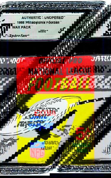 1966 PHILLY GUM FOOTBALL 5 CENT WAX PACK - TAYLOR: 1966 Philly Gum Football Unopened 5 Cent Wax Pack w/C Taylor on Front GAI 9 - Tough pack, great grade, Hall of Famer on front.