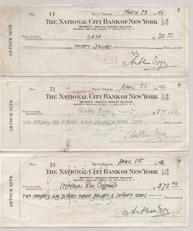 10 ARTHUR SZYK CHECKS SIGNED ARCHIVE - CARTOONIST: Acclaimed Polish-born Jewish artist, cartoonist, famous for his anti-Axis political illustrations and cartoons during World War II. Archive of ten (10) personal checks each signed "Arthur Szyk", 8.5x3