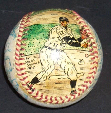 1964 DETROIT TIGERS SIGNED SOSNAK BALL - PSA/DNA: George Sosnak multi-colored hand-painted baseball signed by seventeen 1964 Detroit Tigers, including: Freehan, Dressen, Lary, Egan, Overmire, Swift, Wood, Rakow & Thomas, ball filled with incredible d