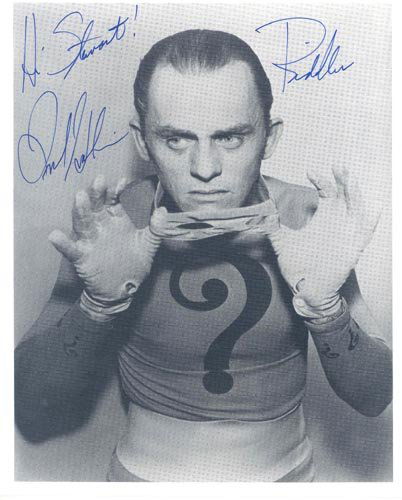 FRANK GORSHIN 8X10 PHOTO SIGNED - THE RIDDLER: Recently deceased actor, renowned as the wisecracking, green-clad Riddler on television's Batman. 8x10 black & white portrait photo as The Riddler signed and inscribed "Hi Stewart! Frank Gorshin Riddl