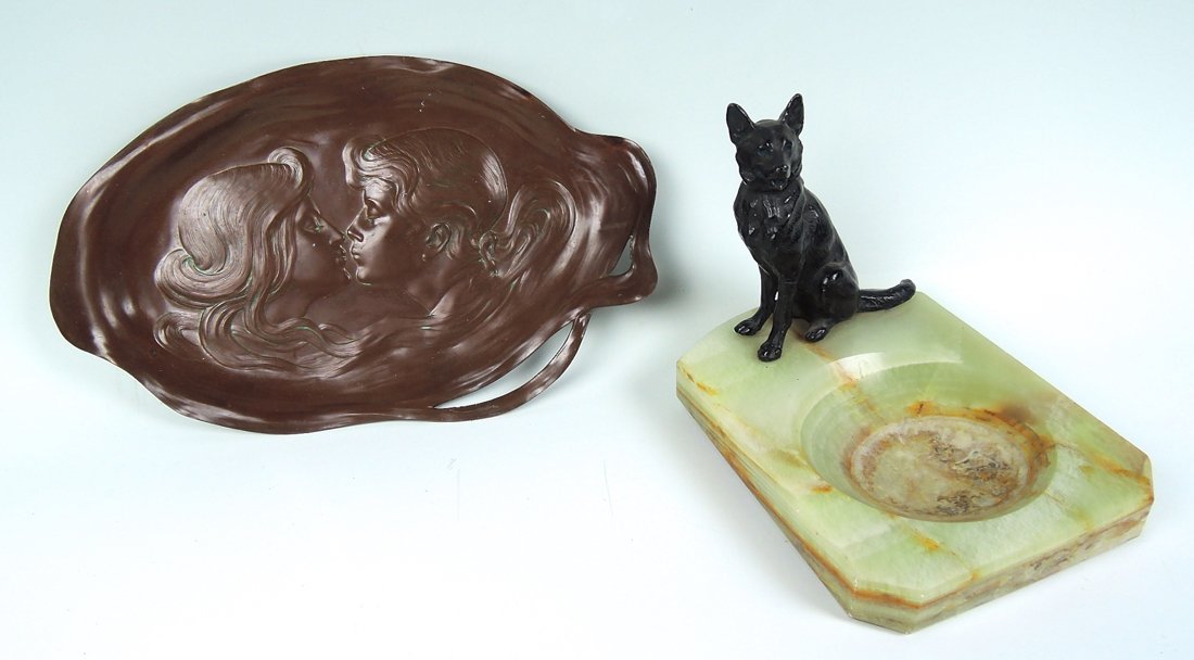 Lot of 2 Art Nouveau Tray & Dog Ashtray (1 of 3)