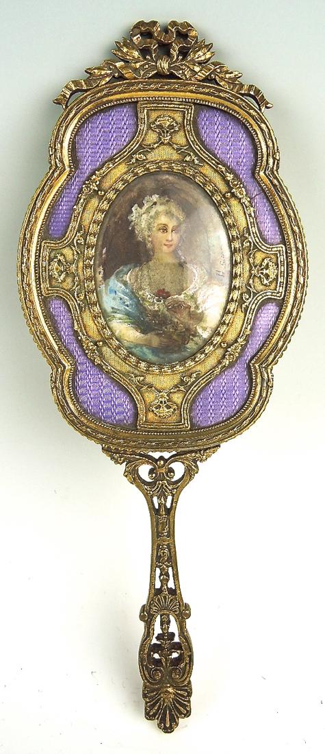 French Bronze & Enamel Hand Mirror w/Painting (1 of 3)