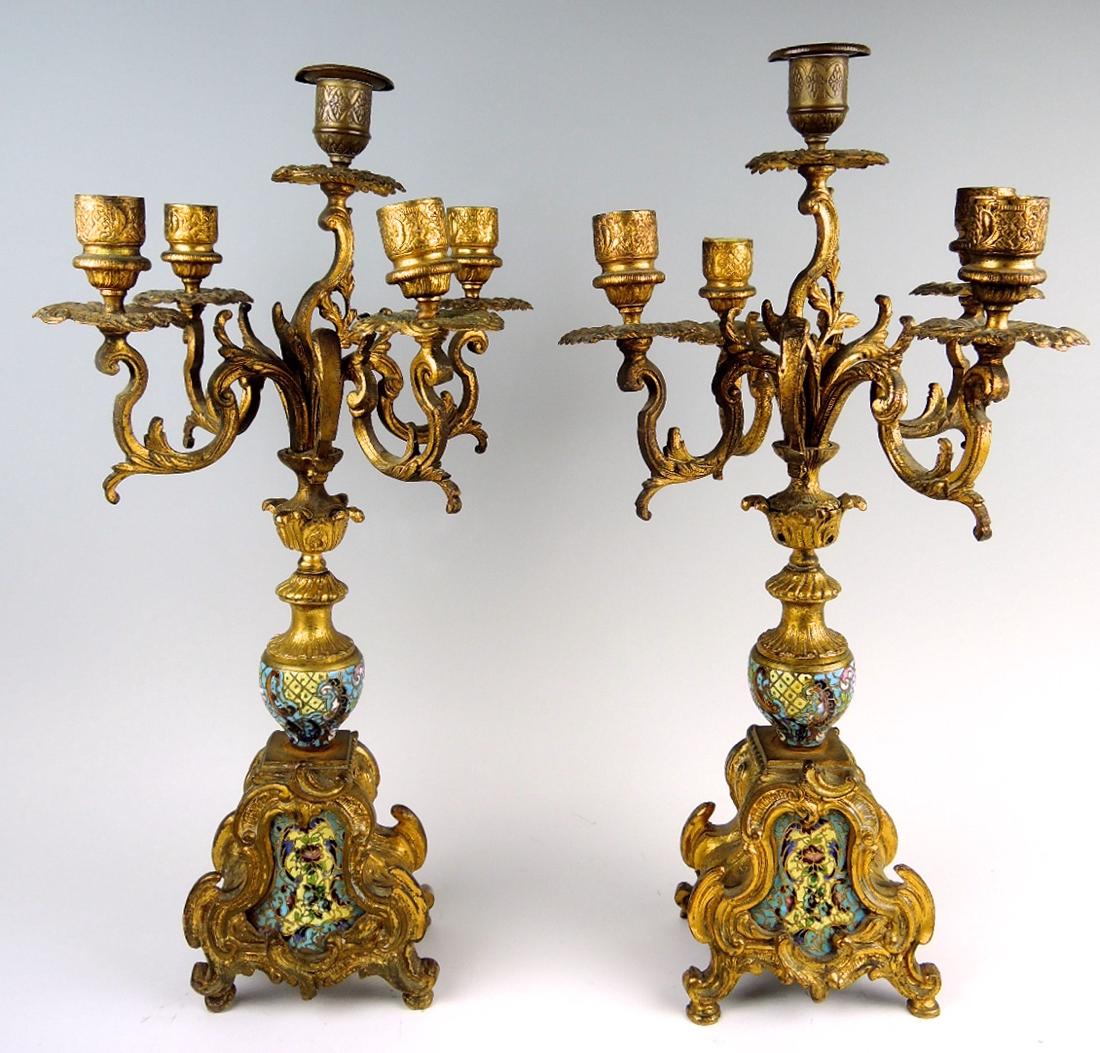 Pair of French Champleve & Bronze Candelabra (1 of 3)