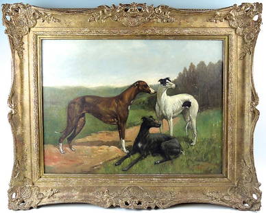 Thomas Ivester Lloyd "Greyhounds" (1873-1942) O/C: British, antique oil on canvas of greyhound dogs, signed with initials "TIL", mounted in a ornate gold frame, good condition, 15"h x 20"w sight, 21"h x 26"w framed