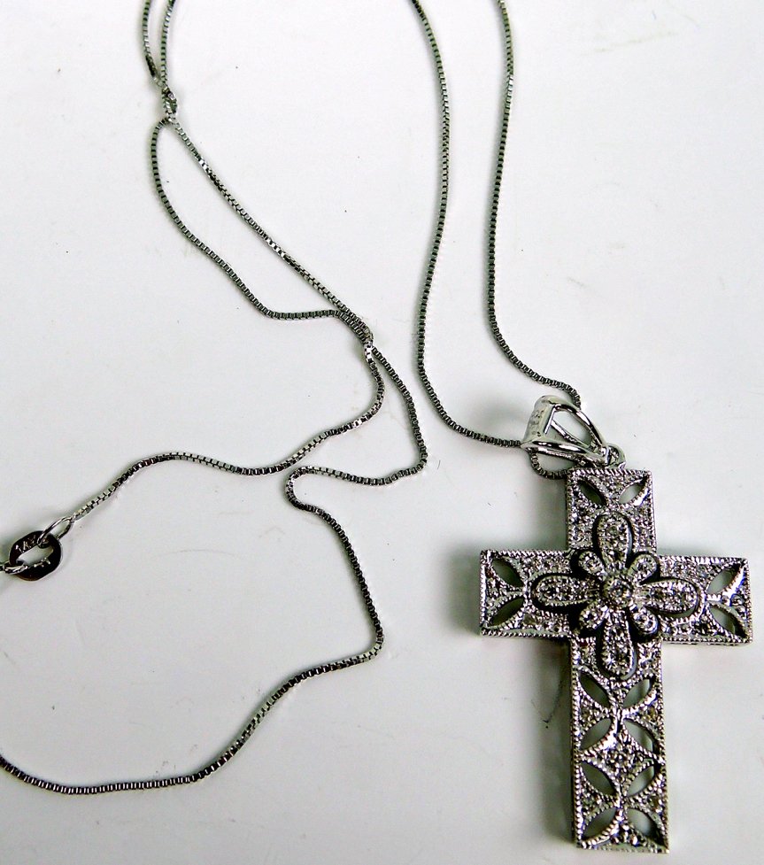 14K White Gold & Diamond Cross Pendant & Necklace (1 of 3)
