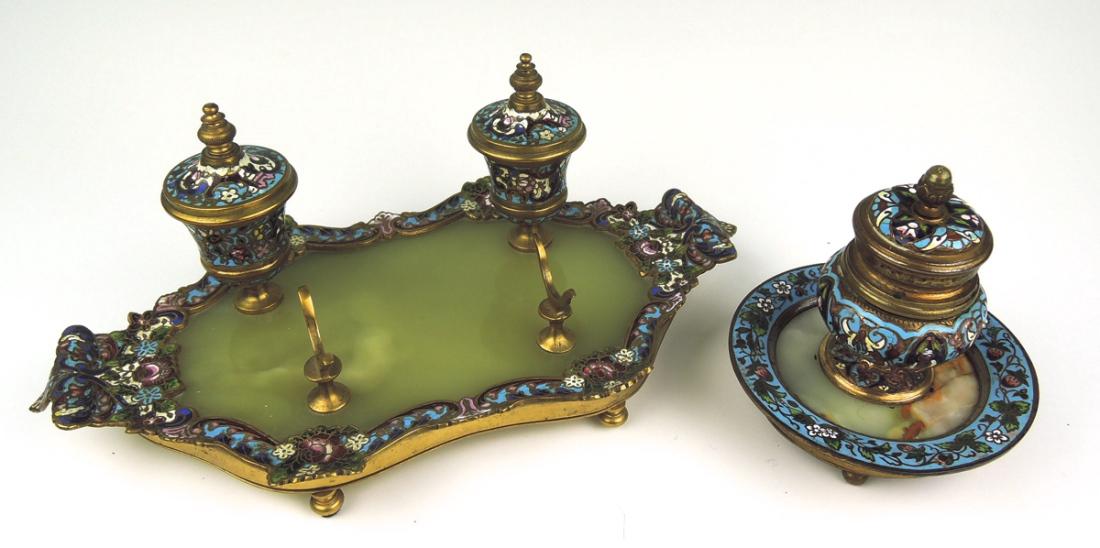 Pair Bronze & Champleve Enamel Inkwells (1 of 4)