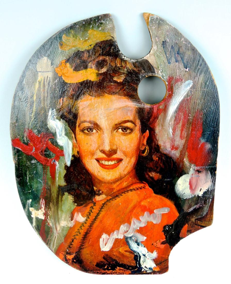 Pascal Cucaro Palette Painting of Maureen O'Hara: Early 20th century, as found at a Hollywood estate, a palette painted portrait of the actress Maureen O'Hara, by artist Pascal Cucaro (American 1915-2004), on reverse is a preliminary sketch by Cucaro