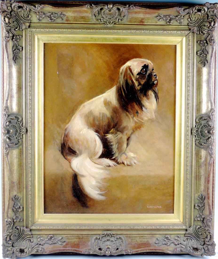 Sam Fulton O/C Painting "Pekingese" signed: Circa 1900, Sam Fulton (Scottish 1855-1941) an oil on canvas, signed lower right, with pierced carved and gilded frame, relined, with frame 26" x 22", sight 20.5" x 16.5"