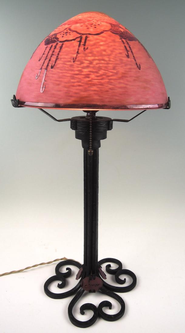 Rare Sgd Charder Cameo Lamp: Circa 1925, guaranteed authentic cameo art glass lamp signed on the lavender and violet shade "Charder" and on the Edgar Brandt style iron base having three applied oval cameo glass discs, one marked