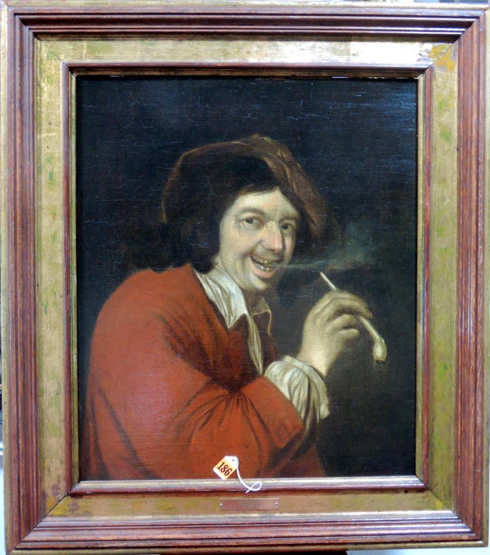 The Smoker in Manner of Adriaen Brouwer: Adriaen Brouwer (Flemish 1605-1638) oil on canvas with humorous 17th century man smoking an upside down pipe, this type of work is typical of Brouwer; this appears to be very old based upon the stretc