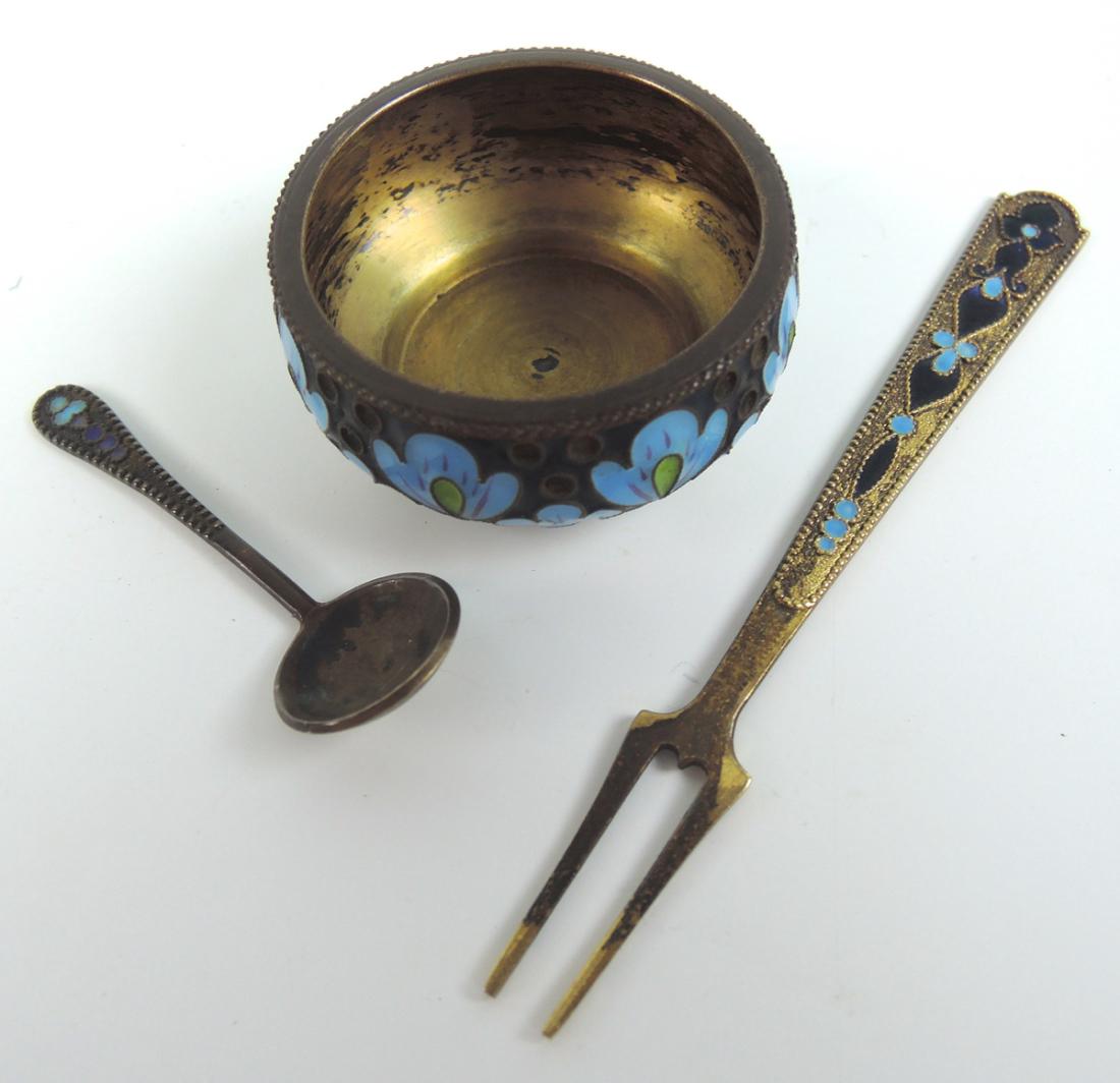 Russian Soviet Silver & Enamel Salt, Spoon & Fork (1 of 3)
