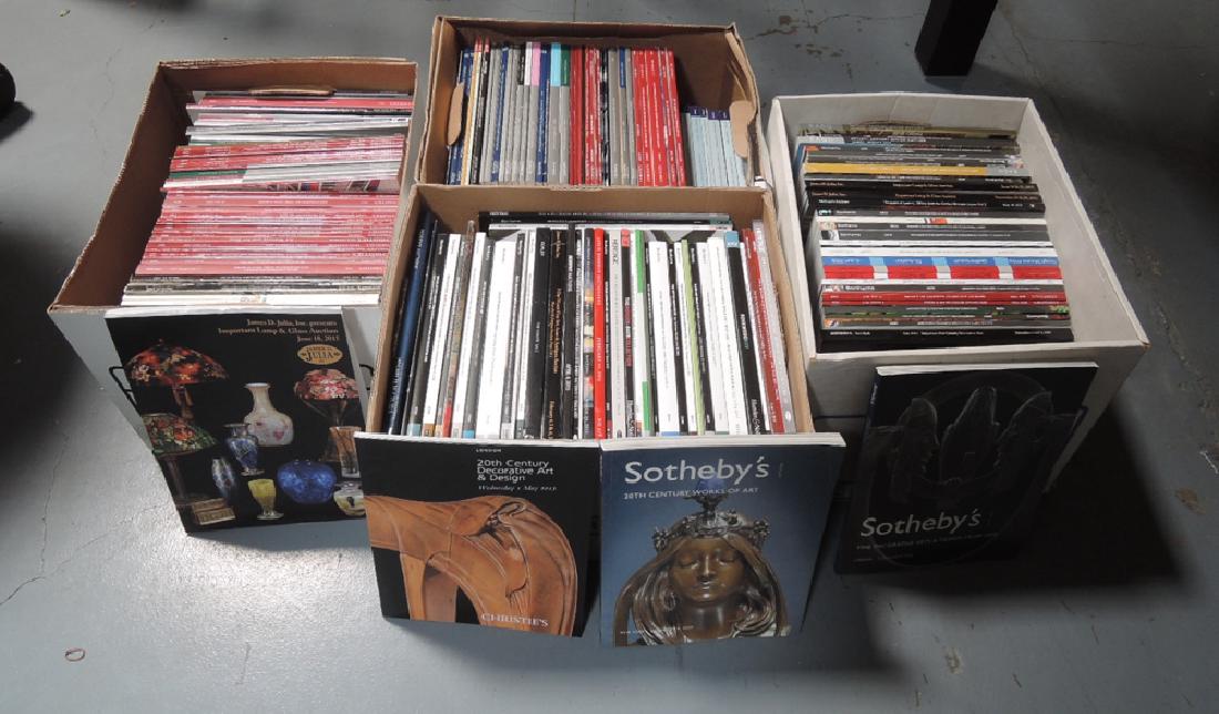 4 Huge Boxes Auction Catalogs: Over 180 catalogs from major auction houses including Sotheby's, Christies, Julia, Bonhams and more, all good houses with great reference material on a wide variety of subjects including glass, jewelr