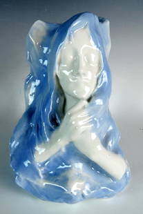 Art Nouveau Figural Vase signed Forster: Art nouveau vase with blue and white glaze by Richard Forster (German 1873-1956), artist signed "Forster #227 BL" and with a Bee mark, 8" tall x 6" wide, very good condition