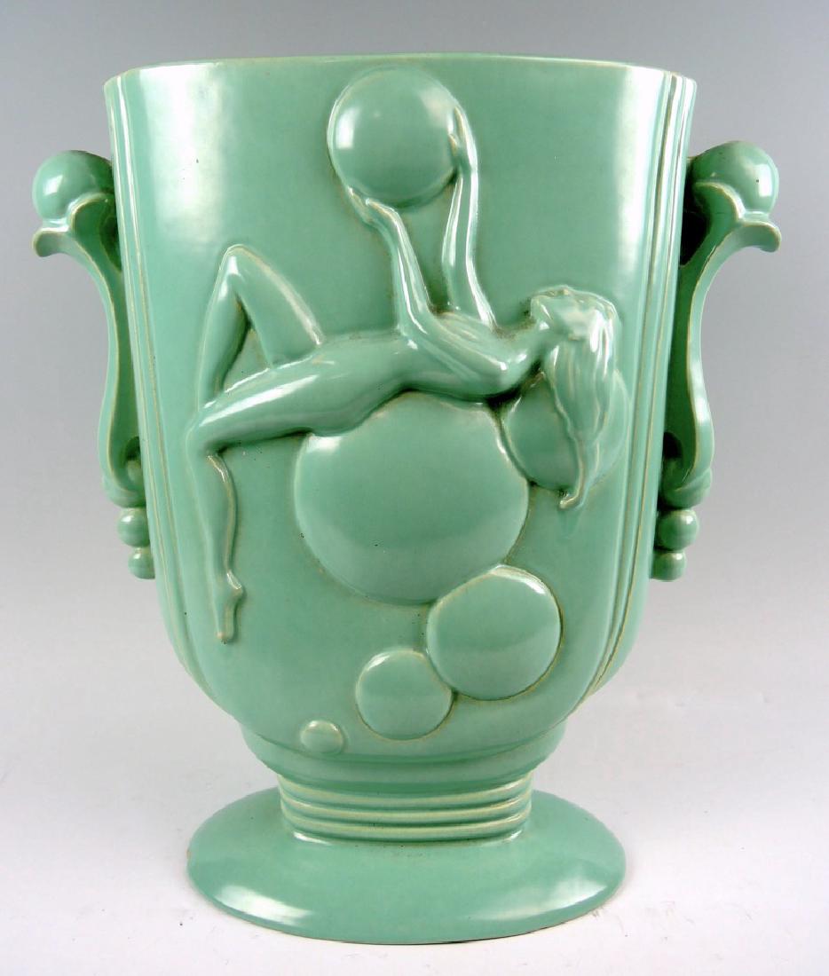 Pacific Pottery Art Deco Vase w Nude: Large blue green glazed earthenware art pottery vase with art deco nude holding a ball on each side, signed "Pacific Pottery Co USA #4600". Pacific Pottery was one of the Big Five California art potte