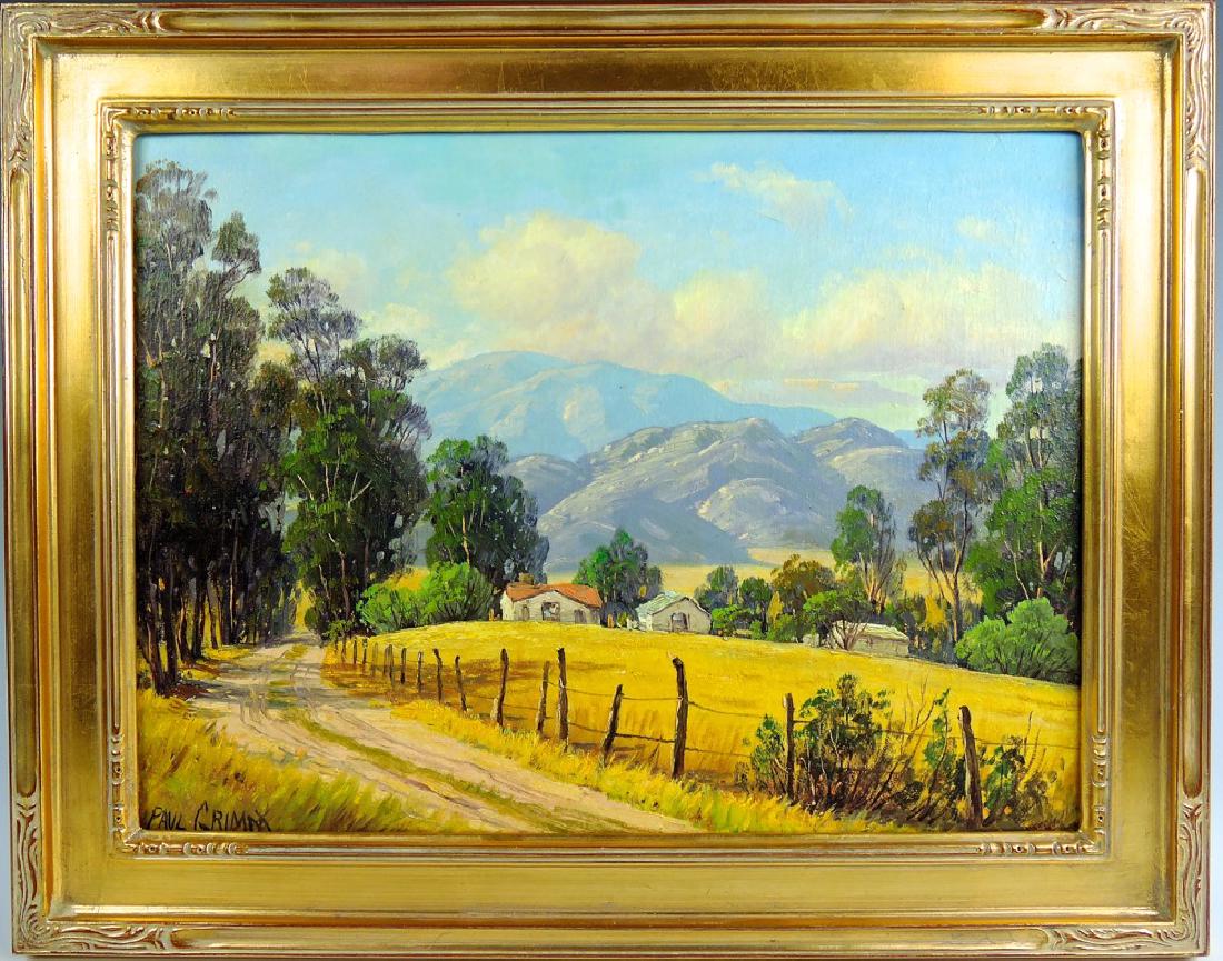 Paul Grimm Country Road Painting: Paul Grimm (California 1891-1974), oil on canvas board, signed "L.L.", very good condition, with frame 12" x 16"