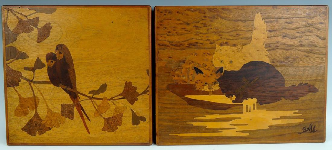 Pair of Galle Marquetry Panels Cats and Birds (1 of 4)