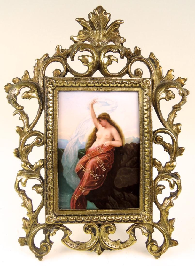 German Hand Painted Semi Nude Porcelain Plaque: Circa 1900, semi-nude hand painted German porcelain plaque, mounted in ornate gilt bronze frame, very good condition, plaque 6" x 4", with frame 11.75" x 8.5"
