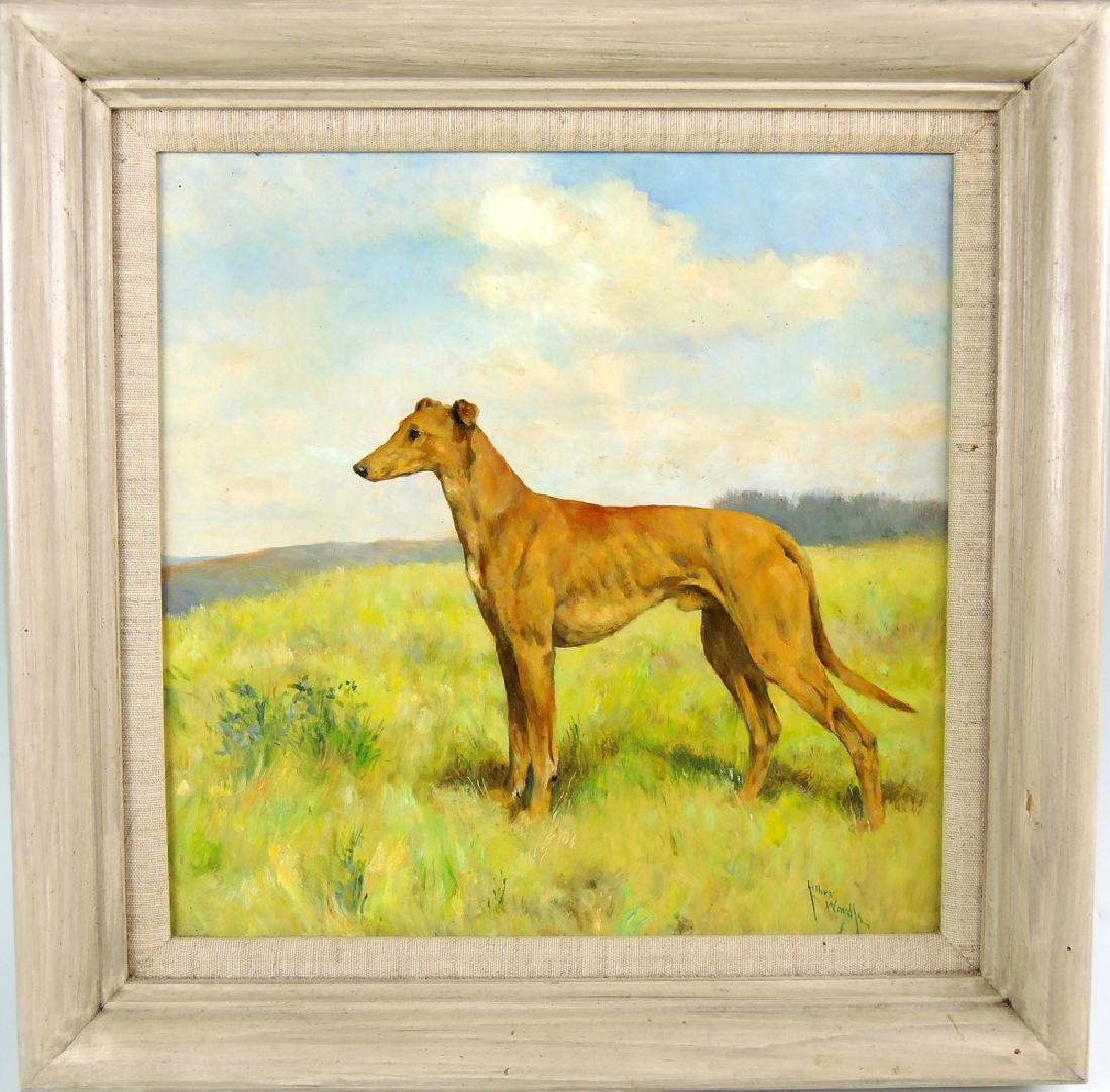 Arthur Wardle Greyhound Painting: Arthur Wardle (British 1864-1949), oil on board painting of greyhound, signed on lower right, very good condition, 11.75" x 11.5"