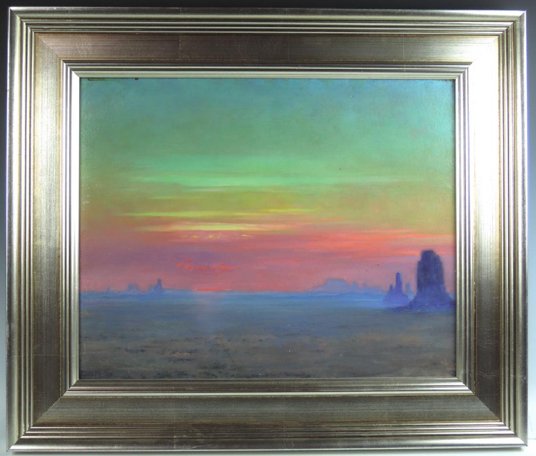 Theodore Lukits "Sunrise" Painting: Theodore Lukits (1897-1992), oil on board, scenic monument Valley painting, signed lower left "Lukits 22", mounted in frame, good condition, sight 16" x 20", framed 23" x 26.5"