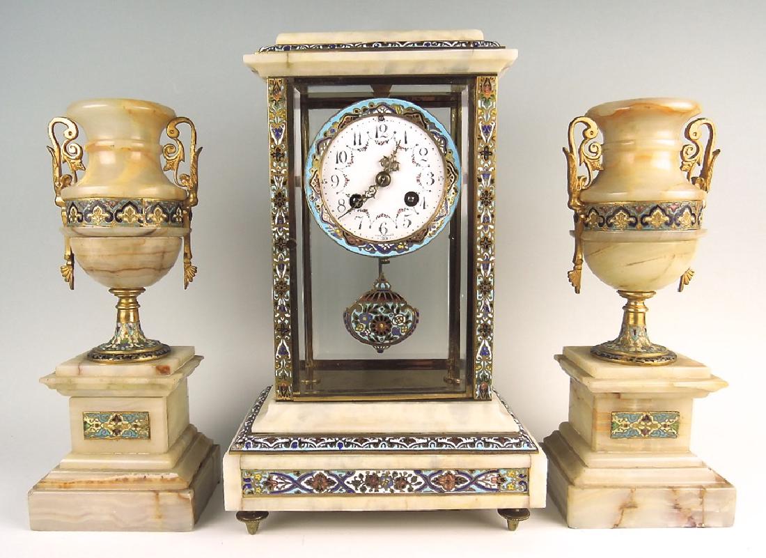 3Pc Bronze Champleve Enamel & Onyx Clock Garniture (1 of 4)