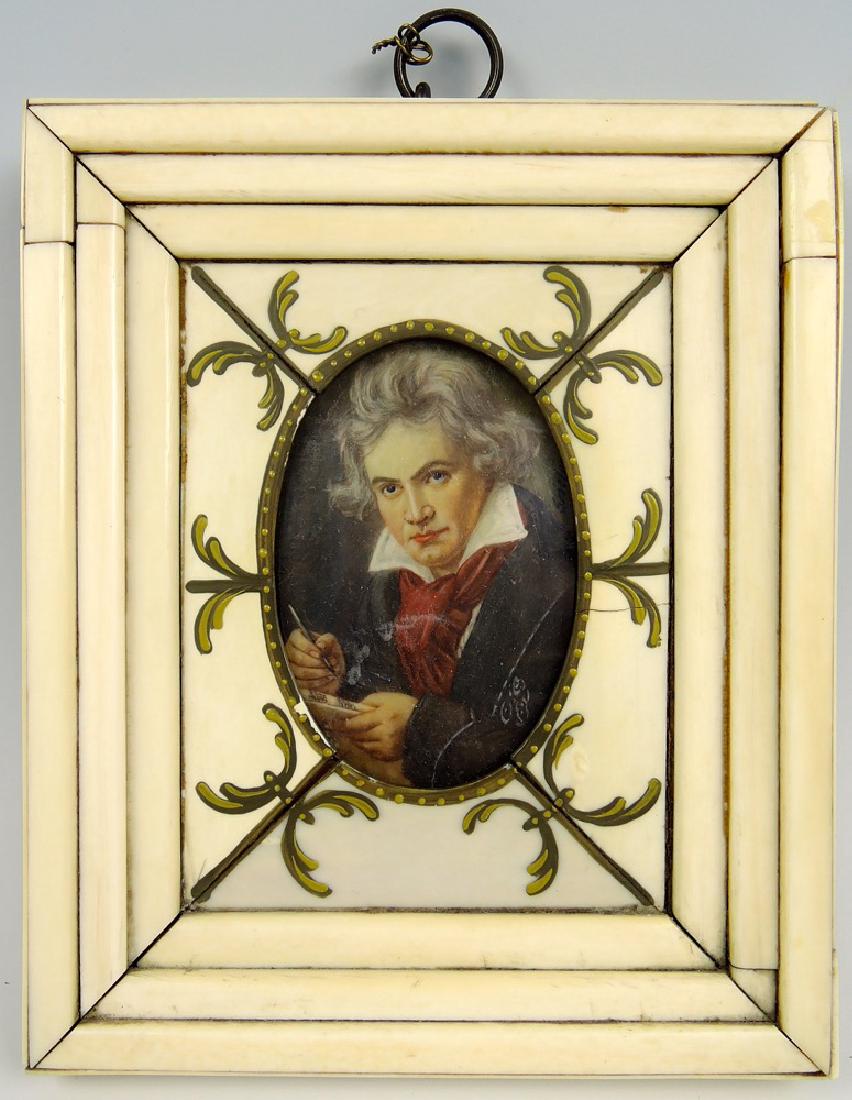 Antique Miniature Beethoven Painting in Bone Frame: Circa 1900, hand painted image of Beethoven in decorative bone frame, very good condition, sight 2.25" x 1.375", framed size 4.625" x 4"