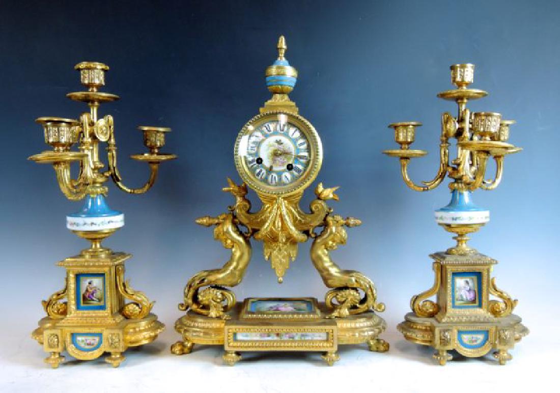 Sevres Gilt Metal Porcelain 3 Pc Clock Set (1 of 3)