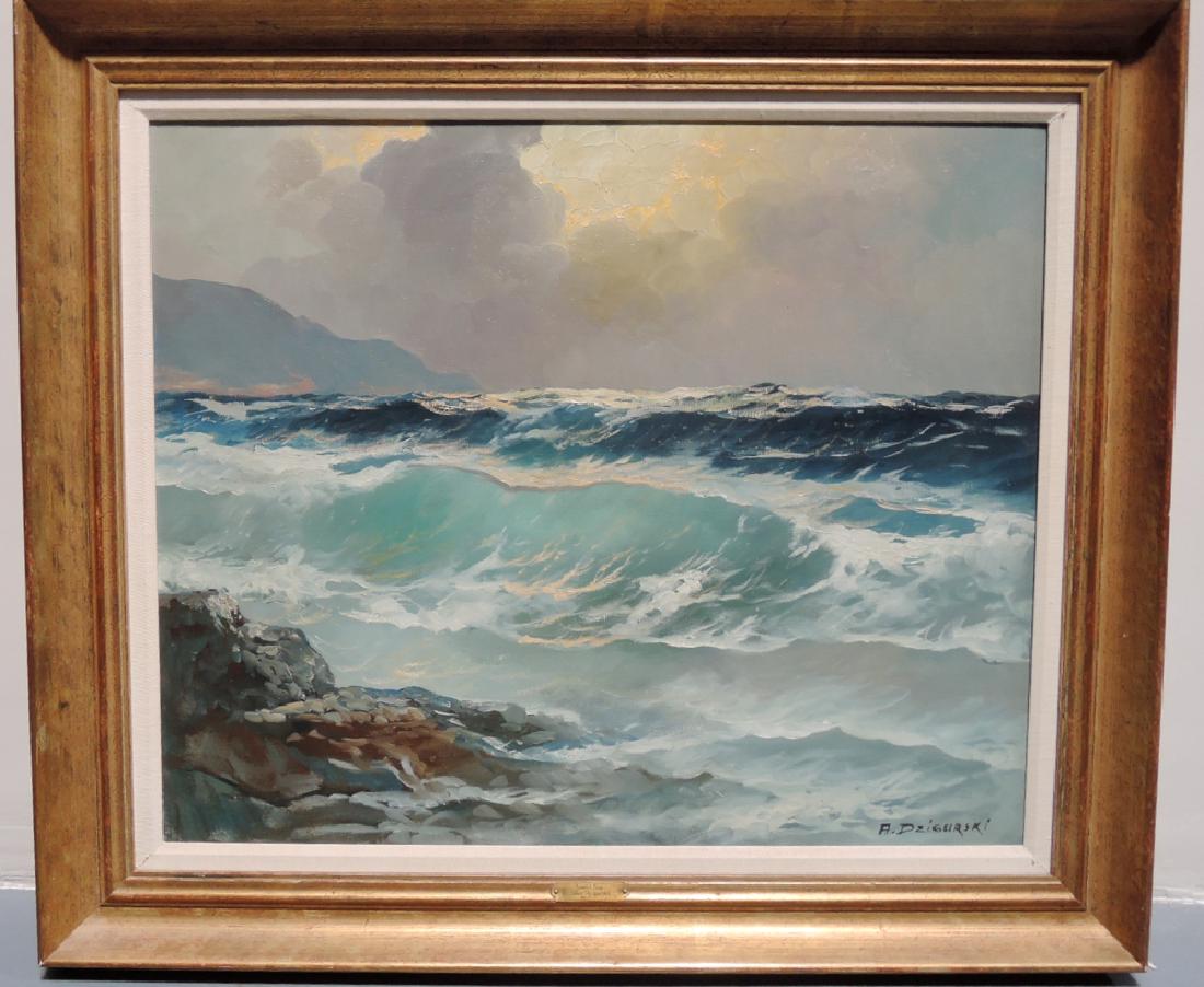 Alexander D'Zigurski "Sunlit Sea": Alexander D'Zigurski (1911-1968), known for his seascapes, depicting waves crashing in Southern California, oil on canvas, signed lower right, mounted in a gilt frame, very good condition, 23" x 28" s