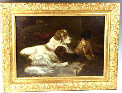 Antique Painting Group of 4 Dogs Resting Sgd E Robinson: Circa 1880, signed E. Robinson on lower left, oil on canvas, mounted in a gilt ornate grame, very good condition, 14" x 20" sight, 19.5" x 25" with frame