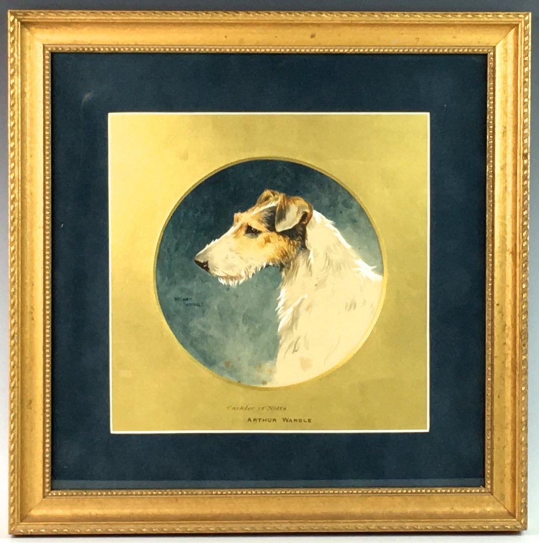 Arthur Wardle(1864-1949) Cackler of Notts Painting: Depicting a portrait of a wire fox terrier, signed in left corner "Arthur Wardle", having original gilt mat with printing "Cackler of Notts", very good condition with minor light age spots, 6.5" sight
