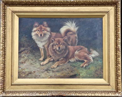 Wright Barker "Two Finnish Spitz" Painting: Wright Barker (British 1863-1941), oil on large canvas, signed and dated '93 lower right, Finnish Spitz or Suomenpystykorva was once known as the Finnish barking bird dog, breed is famous for its