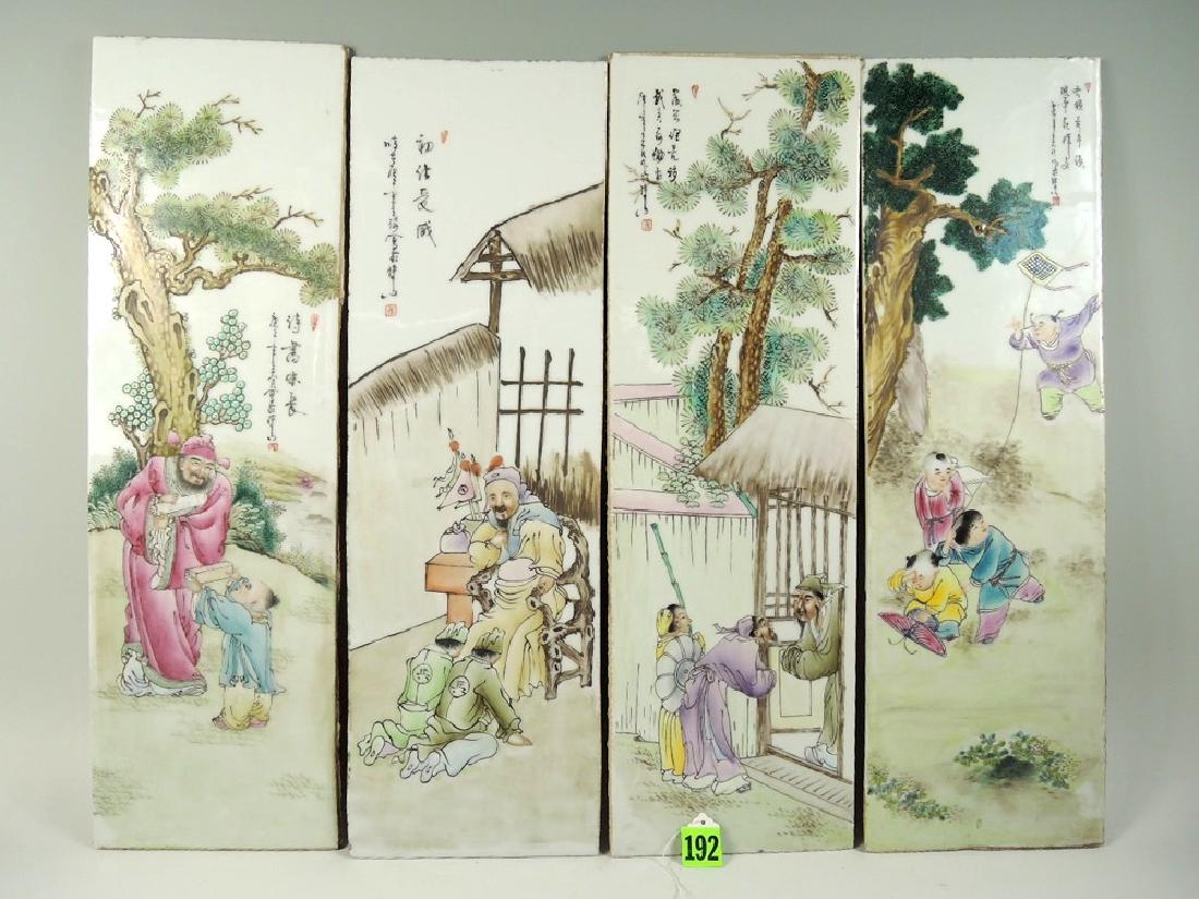 4 Chinese Famille Rose Plaques: Group of four, each rectangular porcelain tile decorated with a landscape, 21.75" x 6.75"