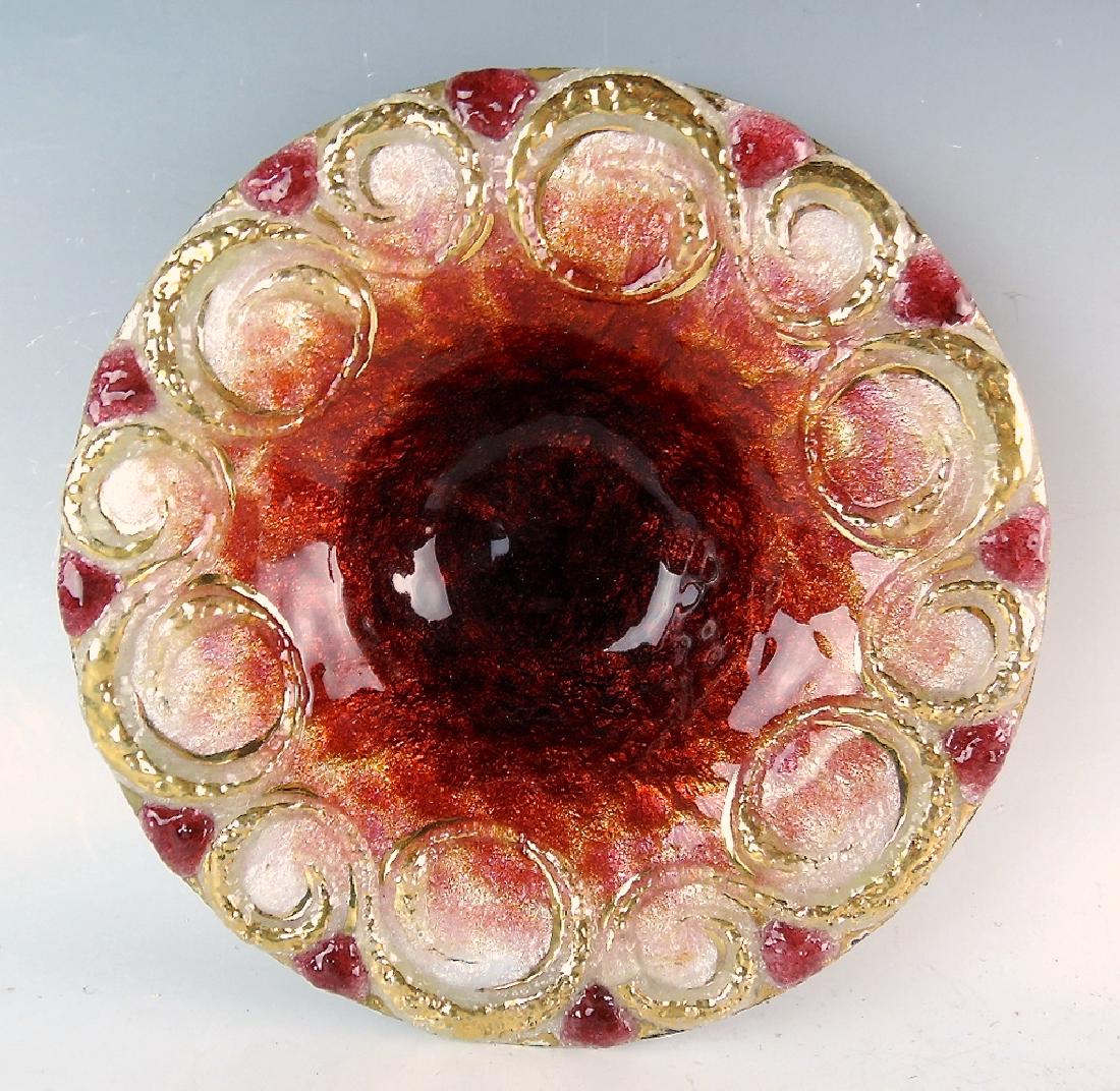 Duban & Christel Limoge Enamel Dish: Beautifully enameled dish having deep red interior graduating to gold accented clear with raised enamel spirals in the manner of Faure, difficult technique to master the raised detail, marked "Les Ema