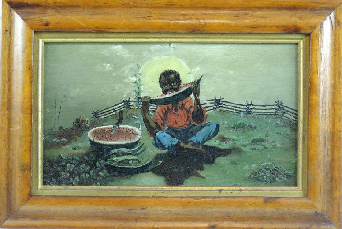 Antique Black Americana Painting: Circa 1880, a wonderful example of black Americana, an oil on board of a black boy eating watermelon, most likely an illustration for a magazine, mounted in antique maple frame, unsigned, fine conditi