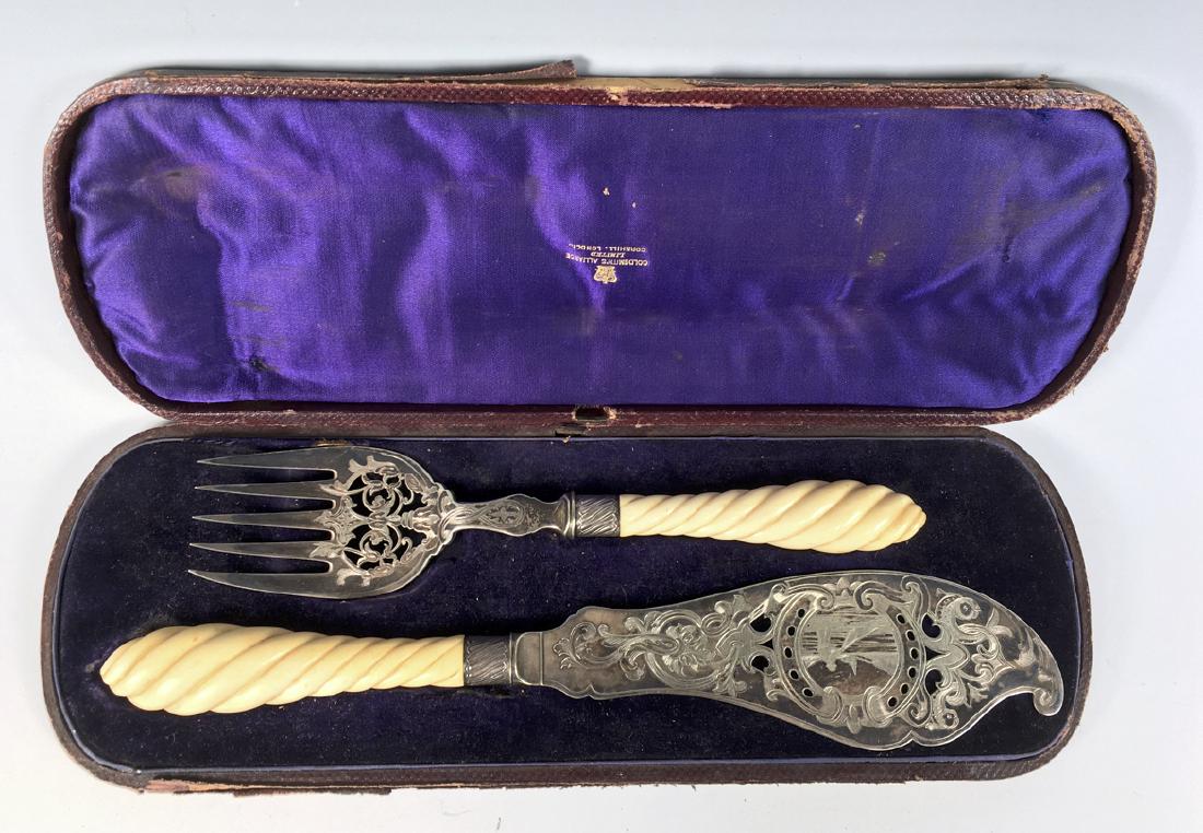 Victorian Silverplate & Bone Fish Set: Fish serving set in fitted case, serving knife with engraved scene of fisherman with net and ornate engraved fork, both with twist carved bone handles, knife with age cracks, hinge not intact, 13.25"