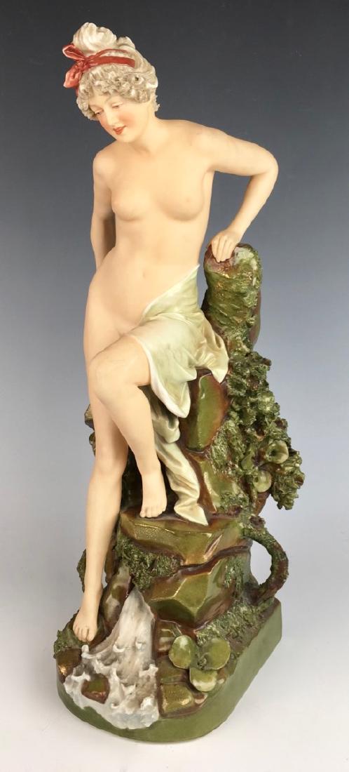 Royal Dux "Nude Descending Rocks" Vase: Circa 1900, colorful nude lady figurine vase, made of porcelain, signed on bottom with Royal Dux pink triangle, very good condition, 15.25" height